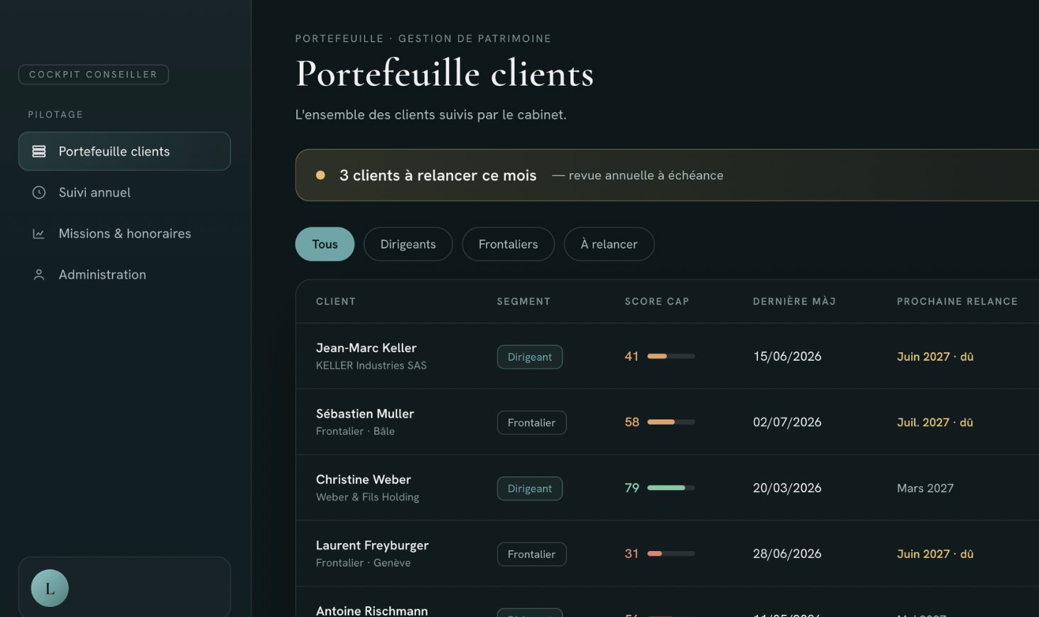 Application de suivi clients d'un cabinet de gestion de patrimoine, qui remplace un fichier Excel par client