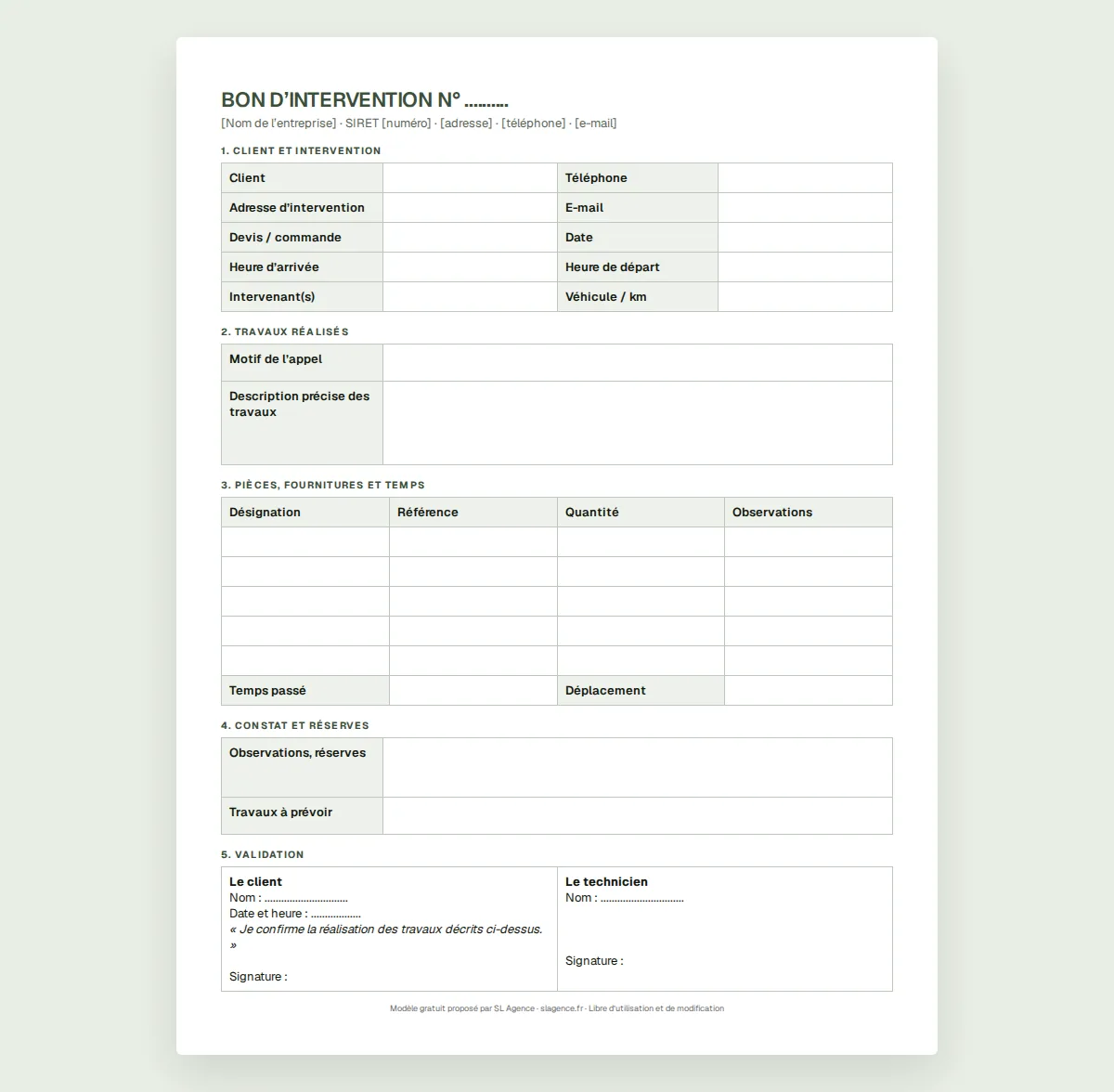 Modèle de bon d'intervention gratuit à imprimer : client, horaires, travaux réalisés, pièces utilisées, réserves et signatures